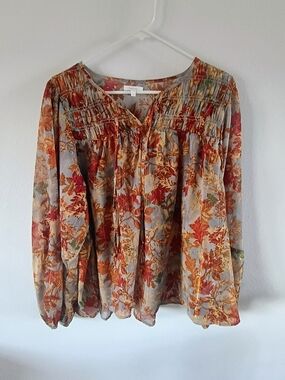 Maurices 1X Floral Boho Blouse Fall Sheer Smocked Top Plus Size Long Sleeve